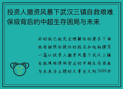 投资人撤资风暴下武汉三镇自救艰难保级背后的中超生存困局与未来